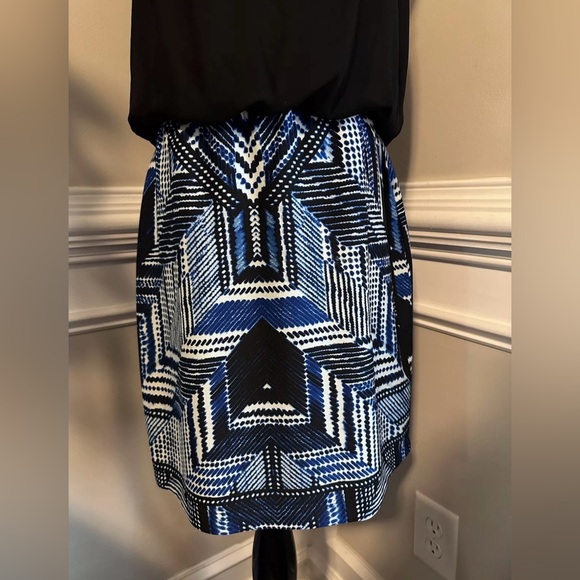 Bisou Bisou Open Back Dress 10 Black Blue White Ikat Geometric Michelle Bohbot - Picture 4 of 10